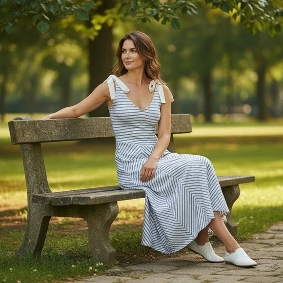 Free People Striped Smocked Midi Dress Blue White Tie Shoulder Women's M - Picture 1 of 12